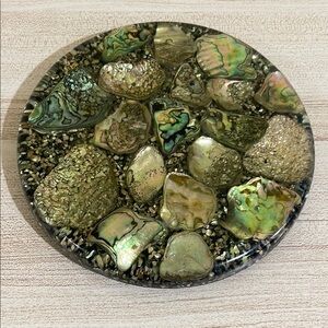 Mid-Century Trivet Hot Plate California Black/Metal Flakes Abalone Shells Resin
